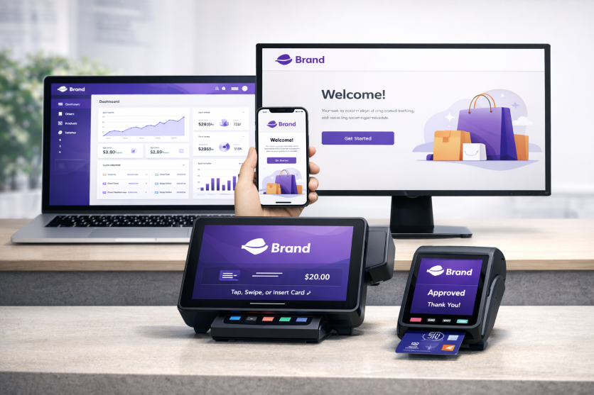 before and after comparison of POS interface showing white label customization, branded login screens, custom colors and logos